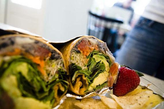 <p>A veggie loaded wrap from Dell'z.</p>